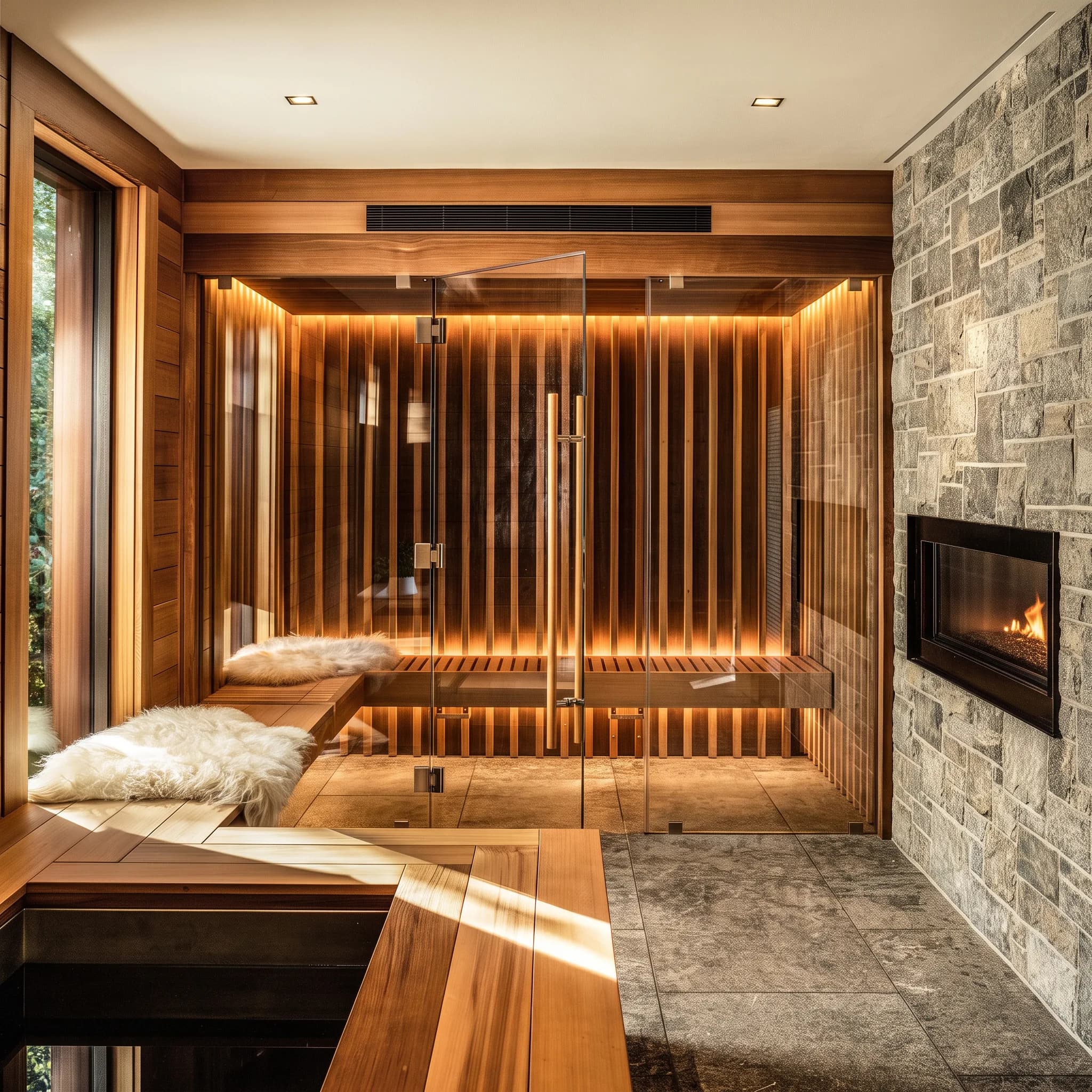 Custom SaunaCloud infrared sauna with a glass front and backlit slats, beside a stone wall with a fireplace