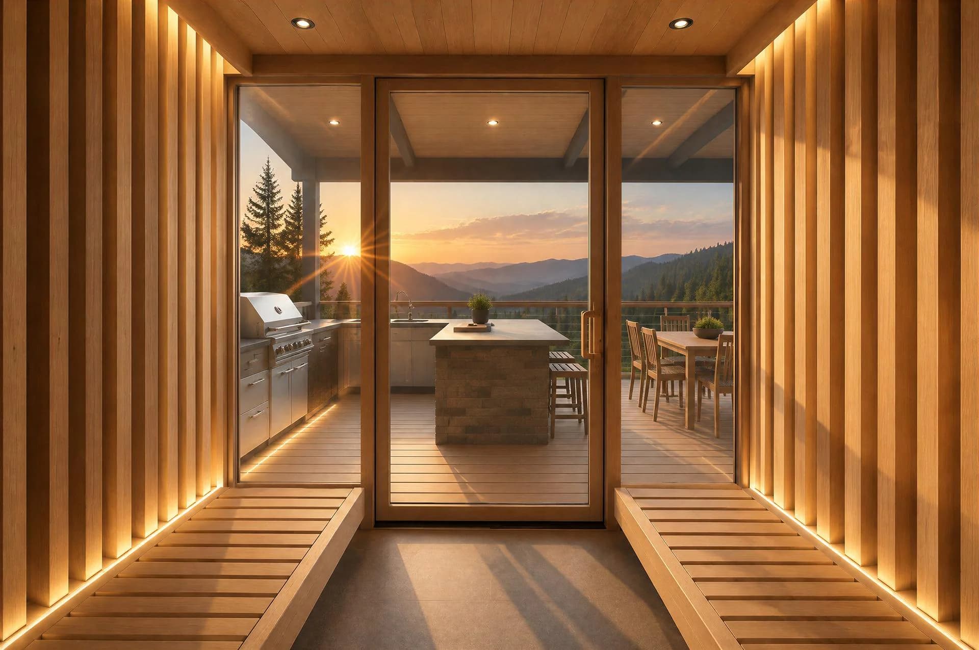 Wood sauna interior with a sunset mountain view through wide windows