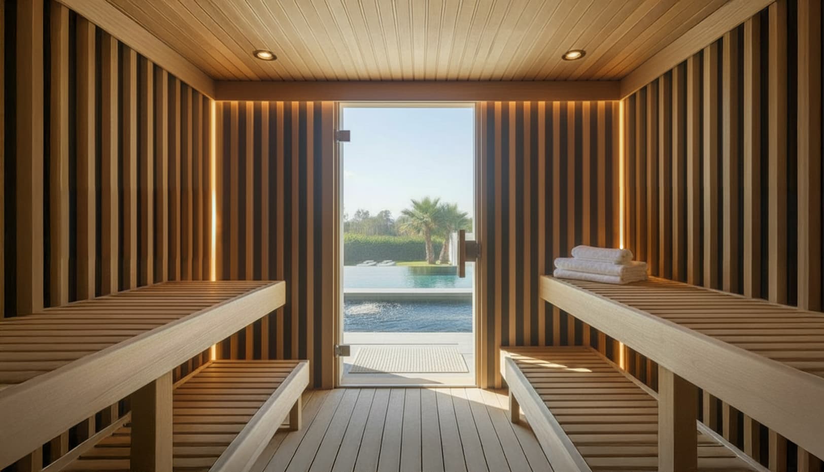 Premium commercial sauna with ambient lighting