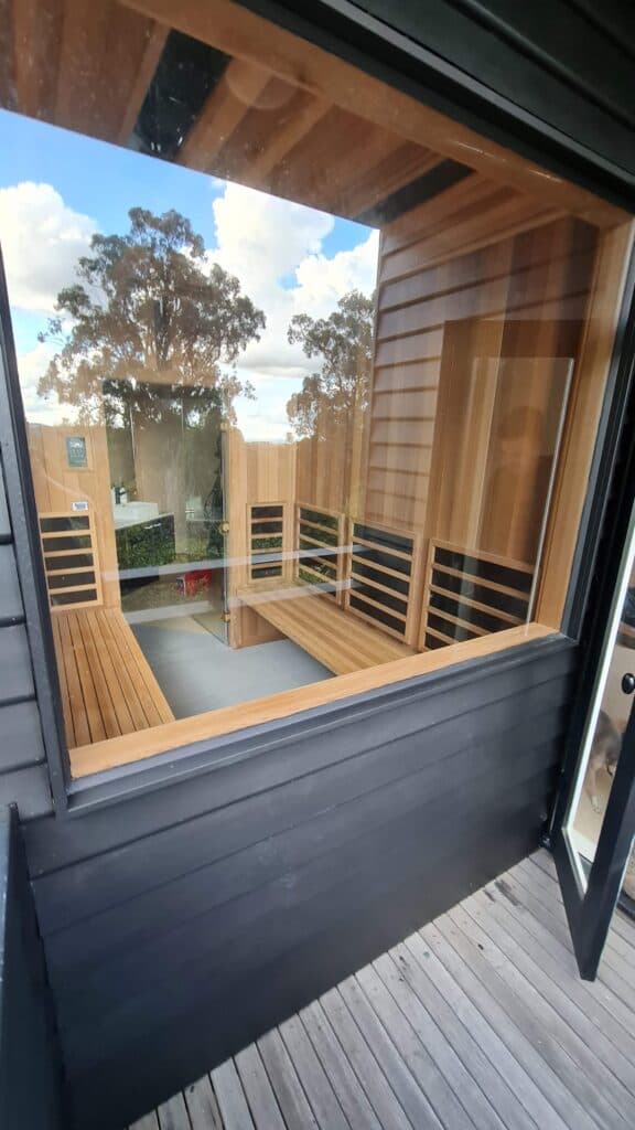 Custom sauna wall assembly in the workshop
