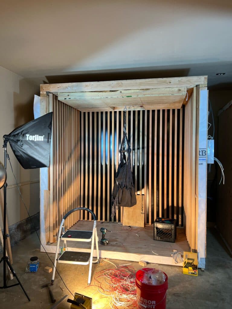 Custom sauna being assembled inside a home