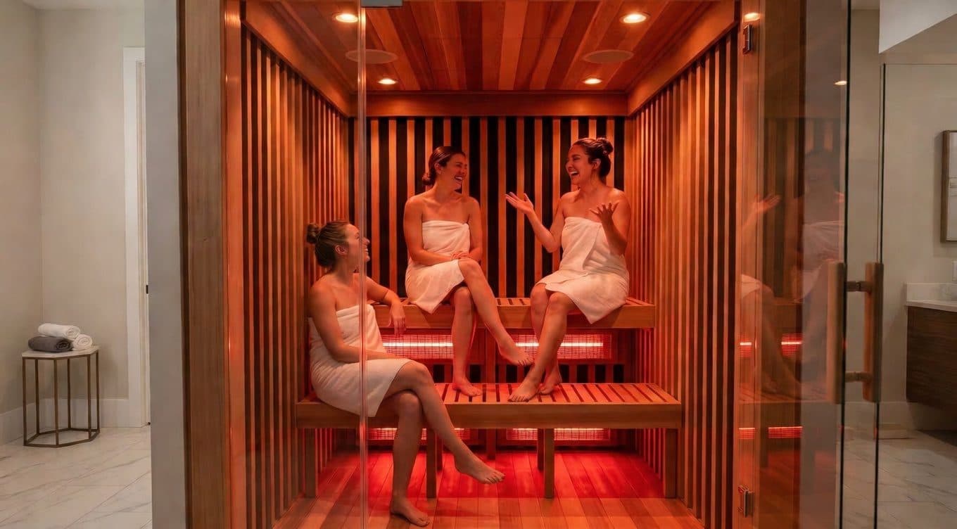 Friends relaxing together in a SaunaCloud infrared sauna