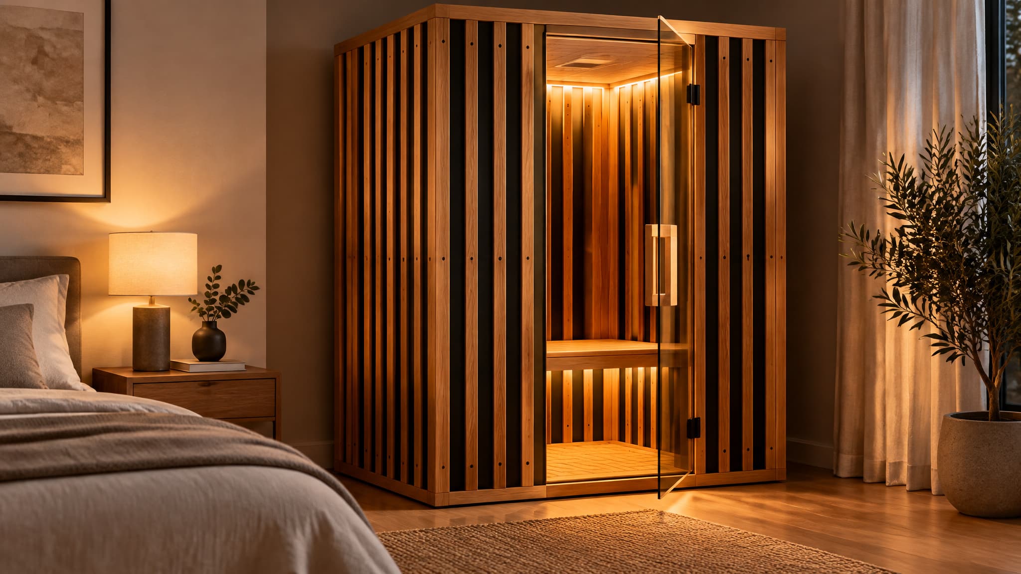 Plug-in infrared sauna cabin in a bedroom corner showing no dedicated venting is needed
