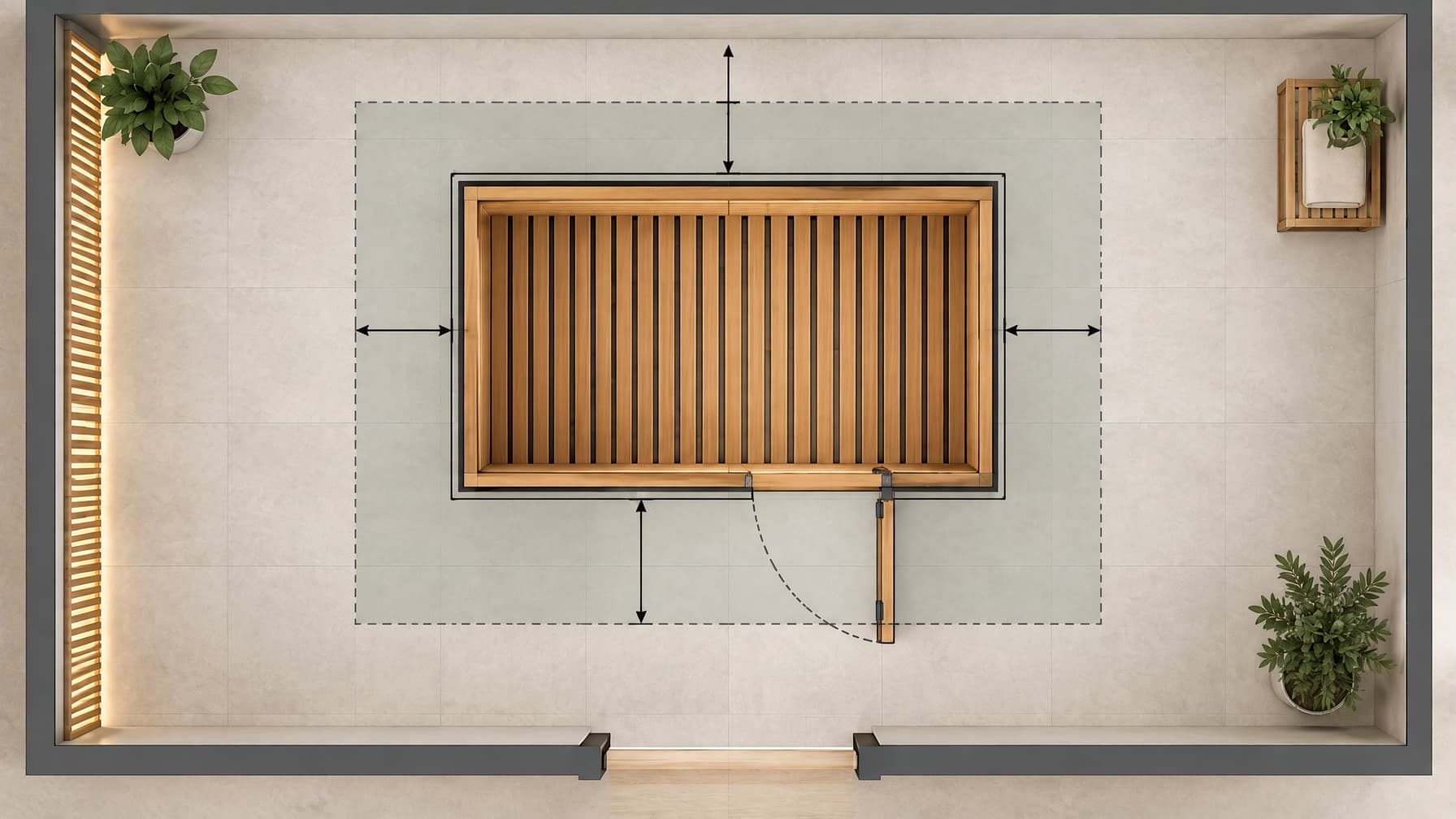 Floor plan showing infrared sauna footprint sizes by seating capacity from 1 to 4 people