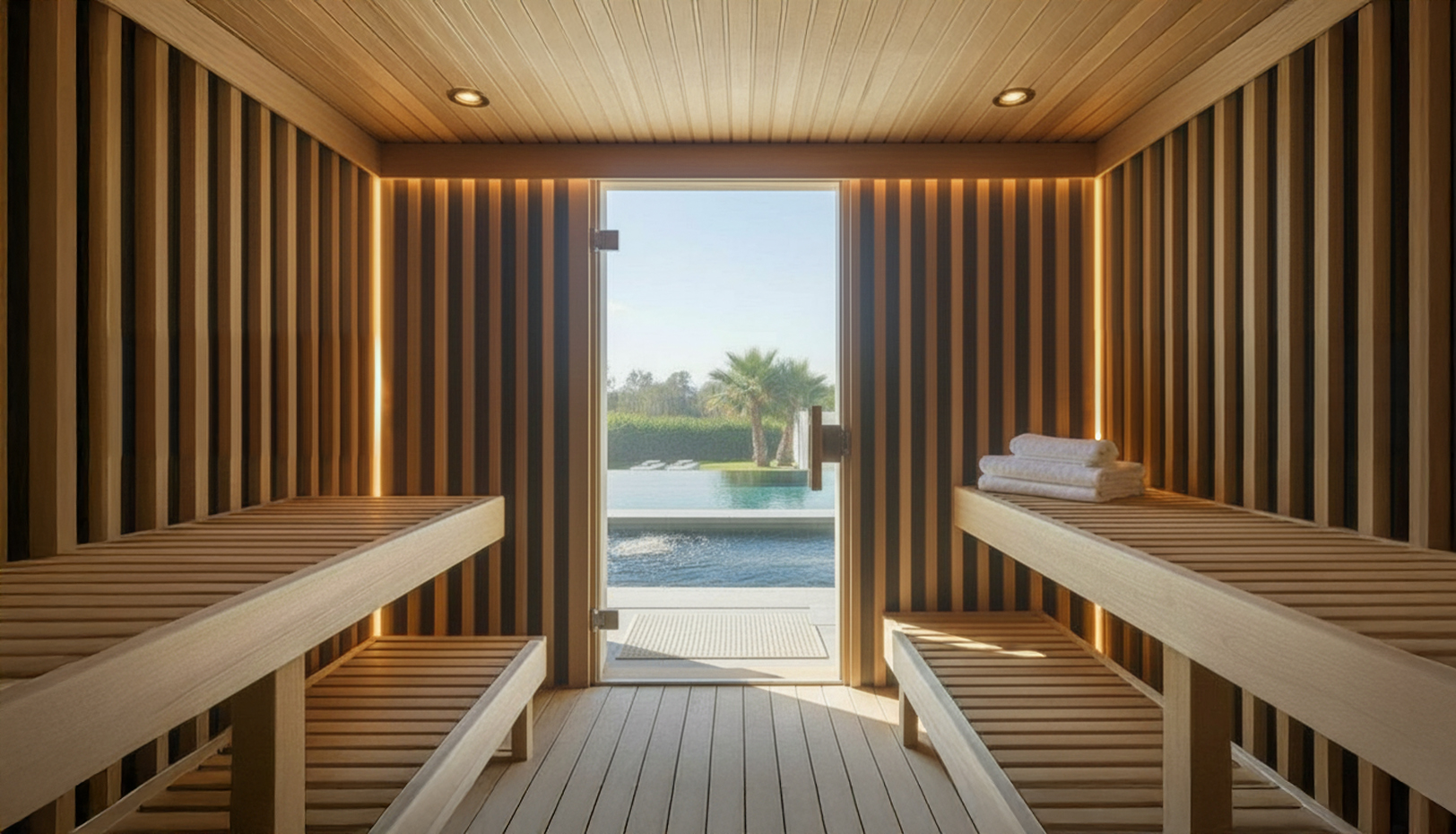 Premium commercial sauna with ambient lighting