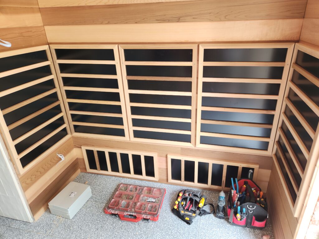 Completed sauna assembly in the workshop