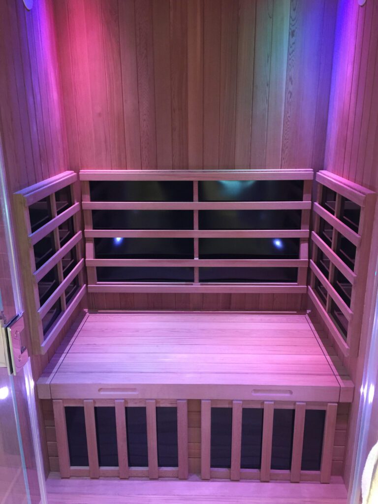 Luxury custom infrared sauna with ambient lighting