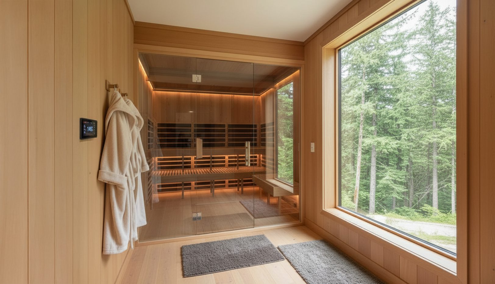 Sierra™ custom infrared sauna — classic cedar window-pane design